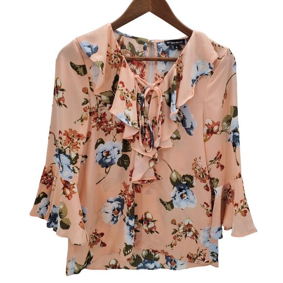 My Michelle Bell Sleeve Ruffle Blouse Size M Floral 3/4 Sleeve Peach Blue Career - Picture 3 of 16
